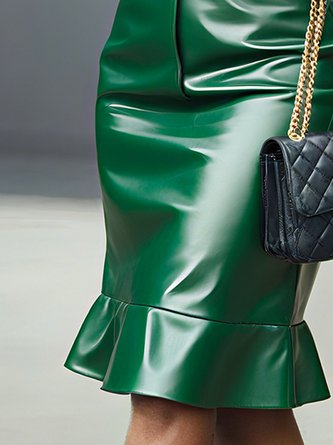 PU Urban Plain Shirt Collar Knee Length Dress