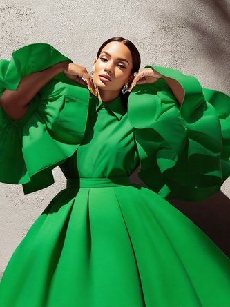 Satin Elegant Plain Ruched Shirt Collar Bell Sleeve Blouse