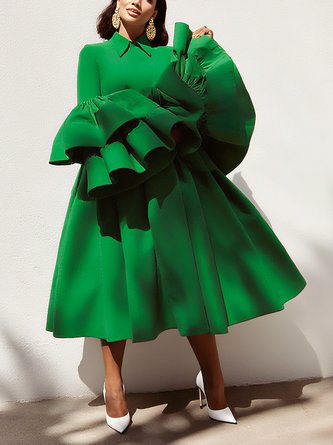 Satin Elegant Plain Ruched Shirt Collar Bell Sleeve Blouse