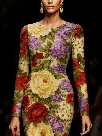 Elegant Floral Printing Crew Neck Knee Length Dress