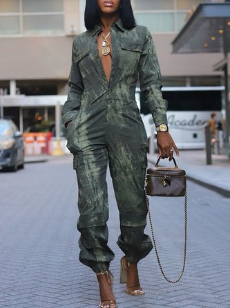 Casual Printing Abstract Cargo Shirt Jumpsuit