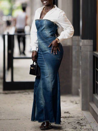 Urban Plain Distressing Strapless Denim Maxi Dress With No Shirt