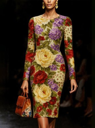 Elegant Floral Printing Crew Neck Knee Length Dress