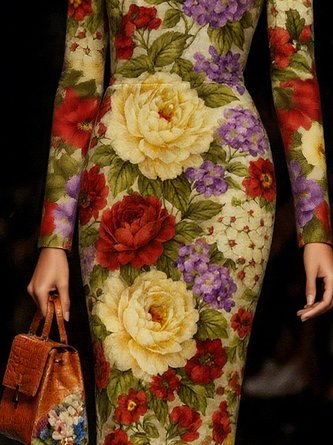 Elegant Floral Printing Crew Neck Knee Length Dress