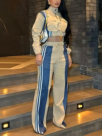 Casual Buttoned Color Block Mock Neck Jacket