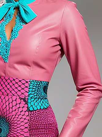 PU Elegant Color Block Split Joint Stand Collar Faux Leather Top