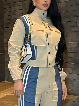 Casual Buttoned Color Block Mock Neck Jacket