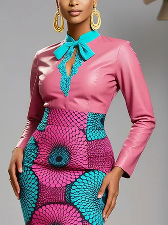 PU Elegant Color Block Split Joint Stand Collar Faux Leather Top