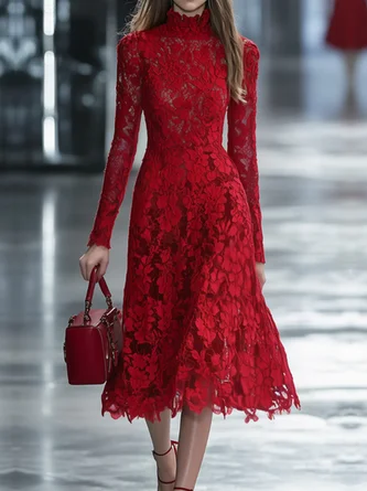 Elegant Pleated Half-High Collar Tie Midi Dress