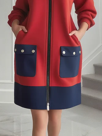 Casual Color Block Pockets Zipper Crew Neck Dress