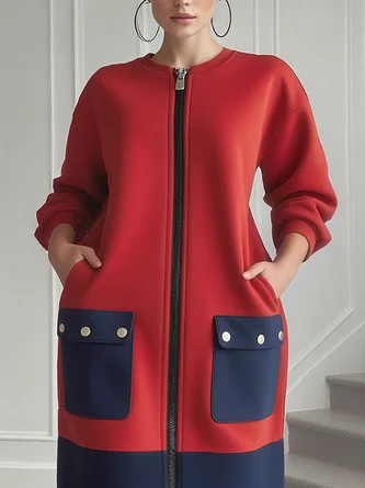 Casual Color Block Pockets Zipper Crew Neck Dress