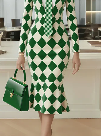 Urban Plain Buttoned Shirt Collar Midi Dress With Tie