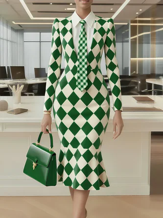 Urban Plain Buttoned Shirt Collar Midi Dress With Tie