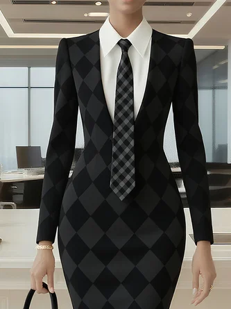 Urban Plain Buttoned Shirt Collar Midi Dress With Tie