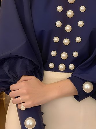 Satin Elegant Plain Imitation Pearls Mock Neck Balloon Sleeve Blouse