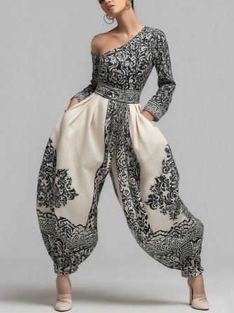 Casual Printed Asymmetrical Off-Shoulder Jumpsuit