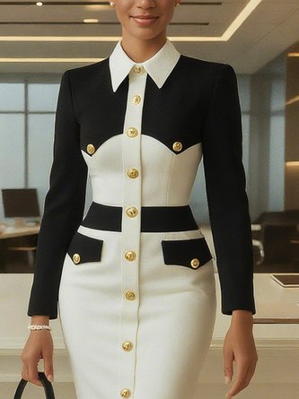 Urban Color Block Split Joint Shirt Collar Knee Length Dress