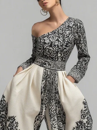 Casual Printed Asymmetrical Off-Shoulder Jumpsuit