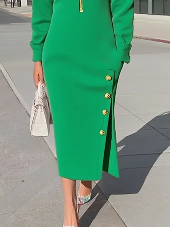 Urban Plain Side-Slit Shirt Collar Midi Dress