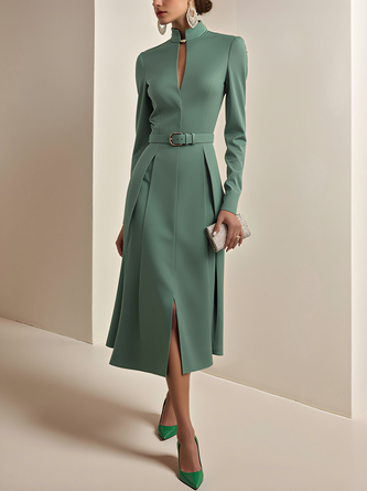 Regular Sleeve Stand Collar Plain Urban Dress Belt