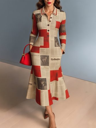 Casual Letter Pattern Printing Polo Collar Midi Dress