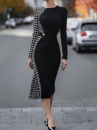 Elegant Houndstooth Split Joint Crew Neck Midi Dress