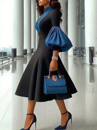 Urban Color Block Balloon Sleeve Split Joint Shirt Collar Midi Dress