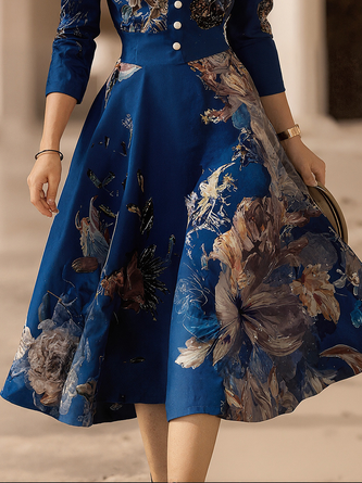 Elegant Floral Stand Collar Midi Dress