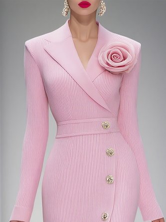 Elegant Plain Lapel Collar Knee Length Sweater Dress With 3D Floral Brooch