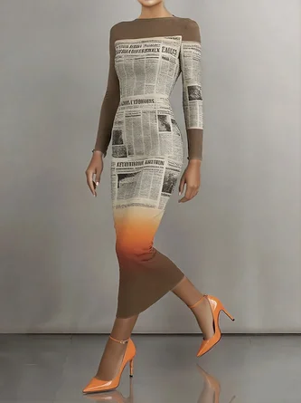 Elegant Newspaper Printing Boat Neck Maxi Dress