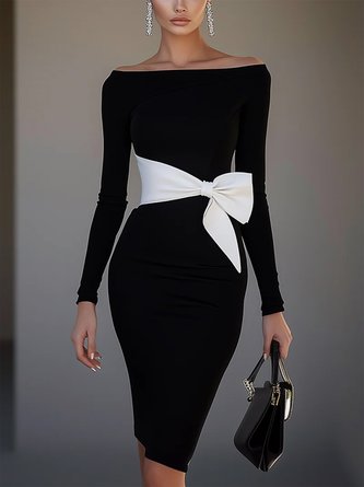 Elegant Plain Boat Neck Knee Length Dress With Belt