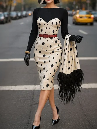 Elegant Polka Dots Dress No Belt Not including the scarf on the hands