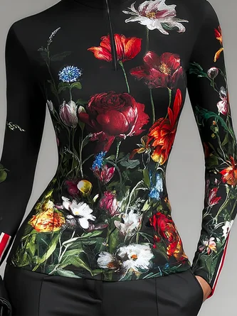 Jersey Urban Floral Zipper Turtleneck T-shirt
