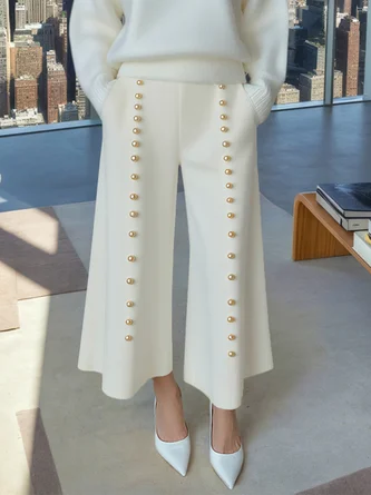 Casual Plain Imitation Pearls Wide Leg Pants