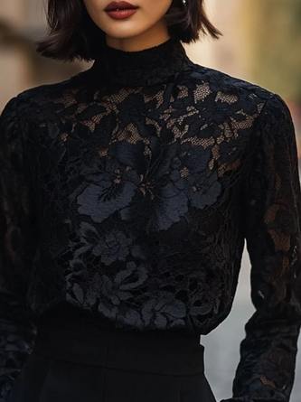 Lace Elegant Plain Lace Mock Neck Blouse