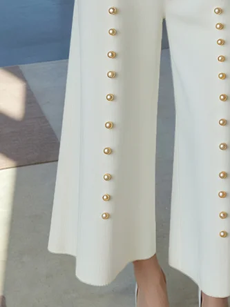 Casual Plain Imitation Pearls Wide Leg Pants