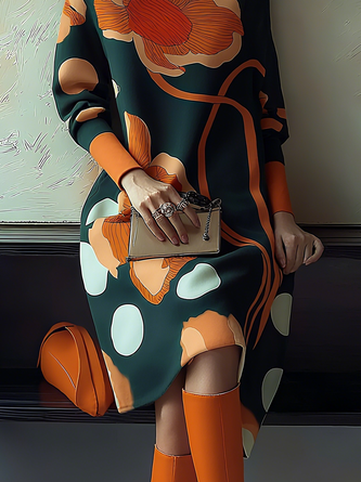 Urban Floral Printing Mock Neck Knee Length Dress