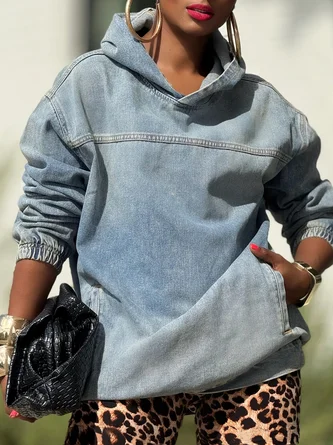 Casual Plain Distressing Hoodie Denim Top