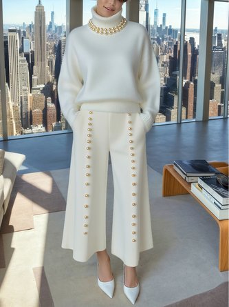 Casual Plain Imitation Pearls Wide Leg Pants