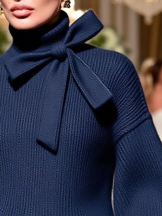 Casual Plain Bow Turtleneck Balloon Sleeve Sweater