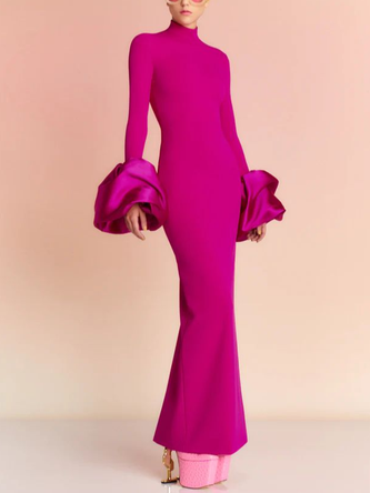 Elegant Plain Bell Sleeve Split Joint Mock Neck Maxi Dress