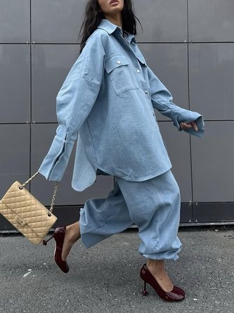 Casual Plain Buttoned Denim Shirt