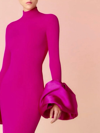 Elegant Plain Bell Sleeve Split Joint Mock Neck Maxi Dress