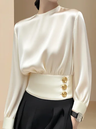 Satin Elegant Plain Crew Neck Blouse