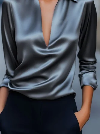 Satin Urban Plain V Neck Blouse