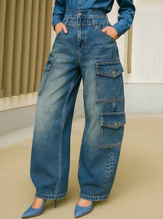 Denim Casual Plain Pockets Barrel Jeans