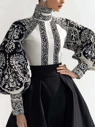 Urban Random Print Printing Turtleneck Balloon Sleeve Blouse