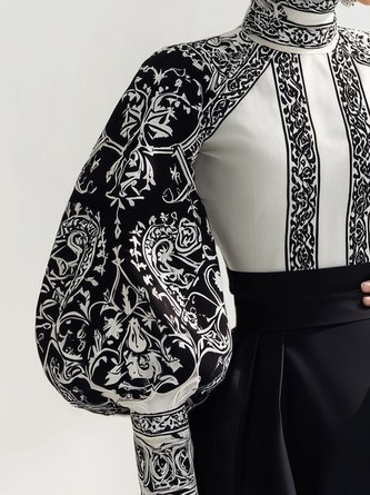 Urban Random Print Printing Turtleneck Balloon Sleeve Blouse