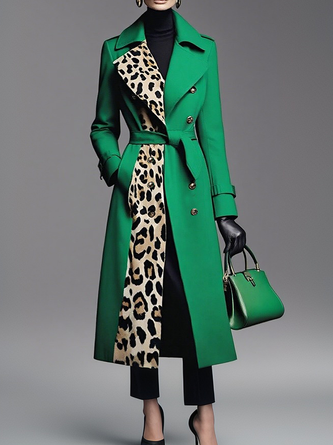 Urban Split Joint Leopard Lapel Collar Coat With Belt