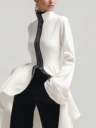 Cotton Urban Color Block Split Joint Stand Collar Bell Sleeve Blouse